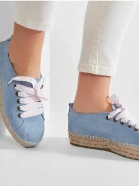 Manebi Blue Suede Lace-Up Hamptons Double Sole Platform Espadrilles Size 10 | 40